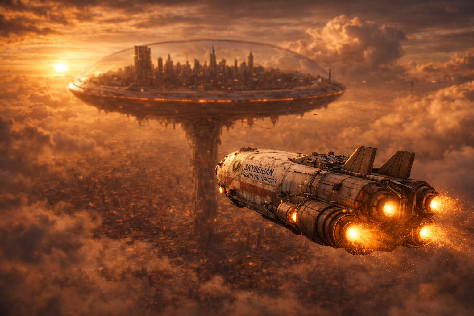 Skyberia above the clouds, approached by a prison transport